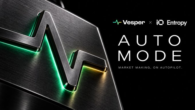 A promotional graphic for 'Vesper × iQ Entropy' featuring 'AUTO MODE - MARKET MAKING, ON AUTOPILOT' with a metallic device displaying a green heartbeat/waveform pattern.