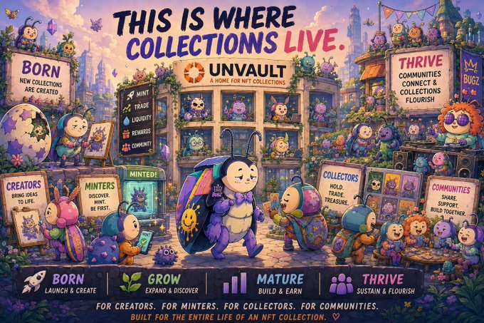 A vibrant promotional illustration for "UnVault: A Home for NFT Collections" features whimsical insect and creature characters exploring a fantasy marketplace with signs detailing its ecosystem ("Born," "Grow," "Mature," "Thrive," "Mint/Trade/Liquidity/Rewards/Community," "Creators," "Miners," "Collectors," "Communities," "Thrive"), visually reinforcing the platform's mission of supporting the entire lifecycle of NFT collections from creation to thriving communities.