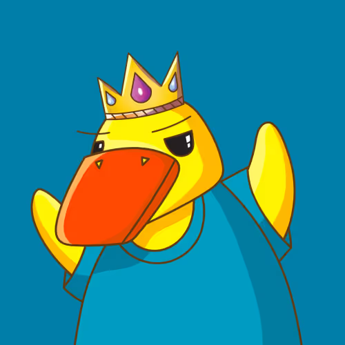 A cartoon illustration of a yellow duck-like character wearing a gold crown with a purple gem and a blue cape.