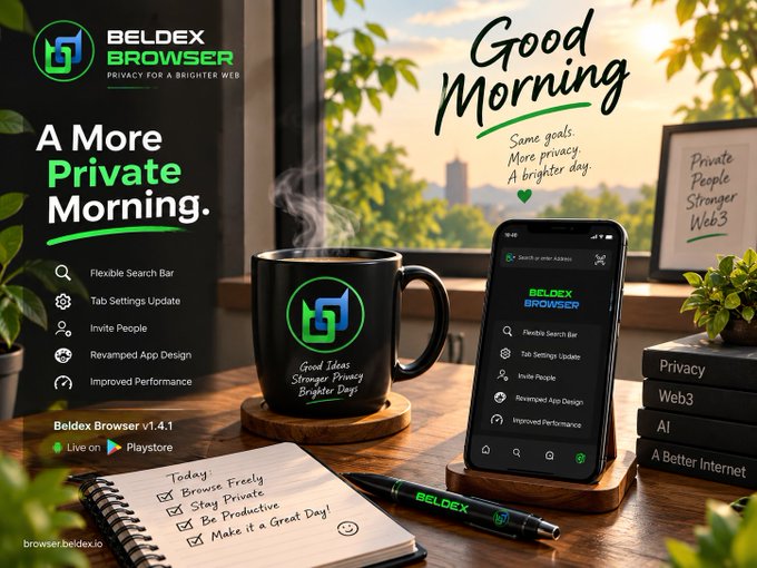 A promotional graphic for 'Beldex Browser' v1.4.1 featuring a smartphone, a coffee mug with the Beldex logo, and a notebook listing features like 'Flexible Search Bar' and 'Tab Settings Update'.