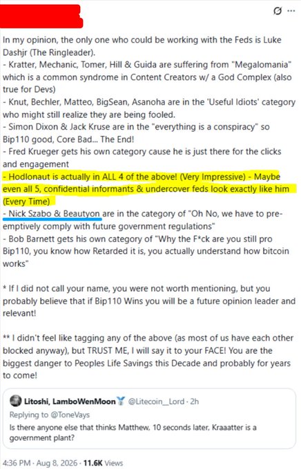 A screenshot of a social media post by 'Litoshi, LamboWenMoon' (@Litecoin_Lord) categorizing various cryptocurrency figures, with 'Hodlonaut' highlighted in yellow as fitting 'ALL 4 of the above,' posted on August 8, 2026.
