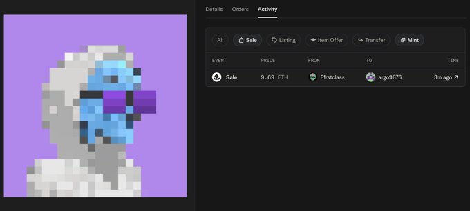 NFT listing page showing a pixelated alien/astronaut art piece with purple sunglasses on the left, and on the right an Activity tab showing a Sale of 9.69 ETH from 'Firstclass' to user 'argo9876' dated 3m ago.