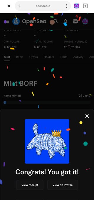 The image shows an opensea.com page with a blue background featuring a cat design and confetti falling from the top right corner of the screen. The text on the website reads "Congratulations You got it" followed by "view profile", which suggests that the user has successfully completed a transaction or achieved something related to BORF NFTs, such as acquiring an item in the game. The image also includes a link to view the user's profile and a message about mint discounts on BORF NFTs.
