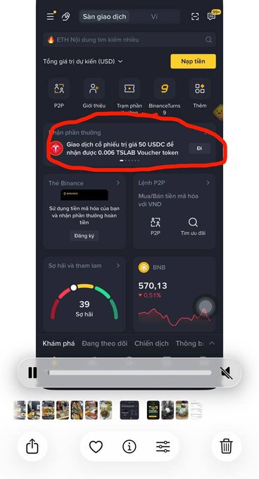 A screenshot of the Binance app home screen with a circled notification about a 50 USDC trading fee voucher.