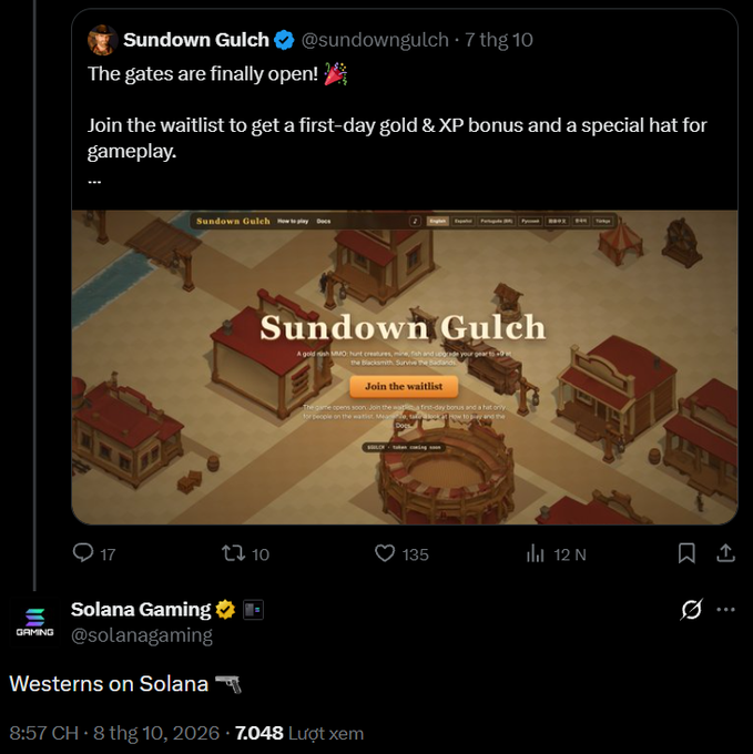 A screenshot of a tweet from "Sundown Gulch" (@sundowngulch) announcing "The gates are finally open!" with a Western-themed game preview image, posted via "Solana Gaming" (@solanagaming) with the caption "Westerns on Solana."