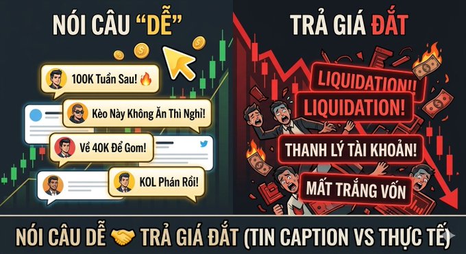 A Vietnamese infographic titled 'NÓI CÂU "Ễ" TRẢ GIÁ ĐẮT' contrasting optimistic chat messages (e.g., '100K Tuần Sau!', 'KOL Phán Rồi!') with the reality of 'LIQUIDATION' and 'MẤT TRẮNG VỐN' (loss of capital).