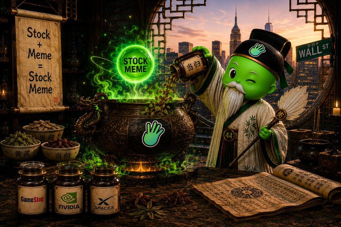 The image depicts a green wizard resembling the Hou Wang deity brewing a glowing green potion labeled "STOCK MEME" in a cauldron, alongside jars marked with GameStop, NVIDIA, and X logos, scrolls with Chinese characters including "当归" (Angelica), and a Wall Street sign, with the equation "Stock + Meme = Stock Meme" written on a banner—symbolizing the alchemical fusion of traditional finance and meme stock frenzy. The accompanying post's reference to "BNB trenches" and "furnace on fire" ties directly to the bubbling, fiery cauldron, suggesting that BNB Chain's memecoin trading activity is reaching a boiling point.