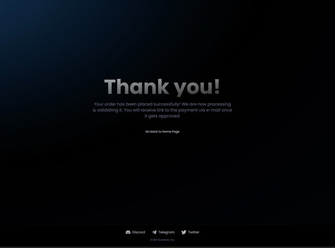 A dark 'Thank you!' confirmation page stating 'Your order has been placed successfully! We are now processing & validating it,' with social media links for Discord, Telegram, and Twitter at the bottom.