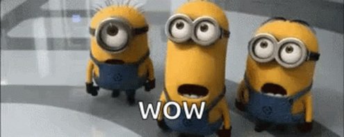!!!WOW!!! Minion trio, with yellow bodies and blue aprons, stand on a gray floor against a white background.
