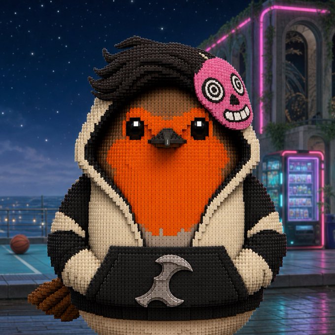 A 3D-rendered figure made of building blocks depicting a penguin-like character with an orange face, a pink skull accessory on its head, and a crescent moon emblem on its chest, set against a neon-lit nighttime city backdrop.