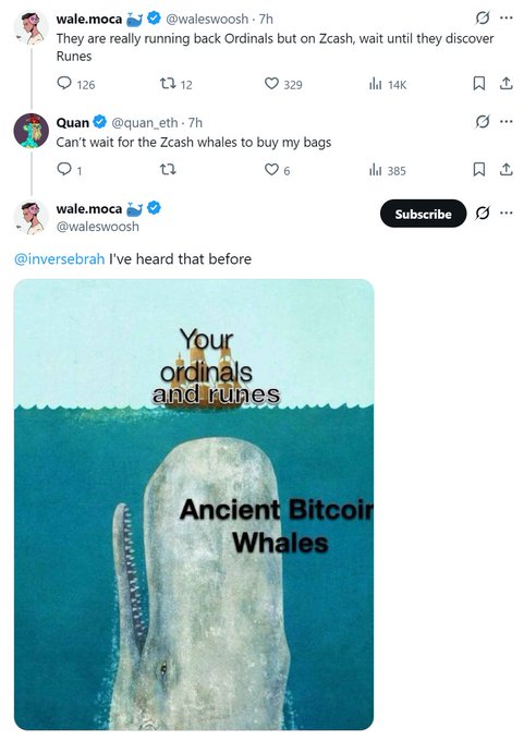 A Twitter thread by wale.moca and Quan discusses Zcash Ordinals and Runes, featuring a meme of a whale underwater with the text "Your ordinals and runes" above it and "Ancient Bitcoin Whales" written on the whale.