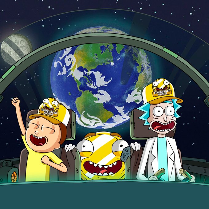 A cartoon scene of Rick and Morty characters wearing 'Somec'Kills World' hats inside a spaceship looking at Earth from space.