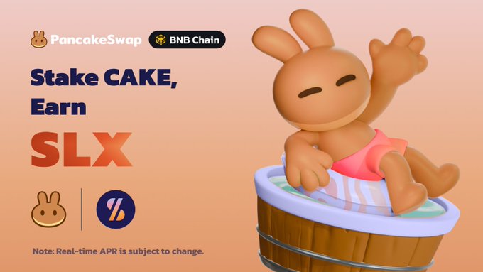 The image features a cartoon rabbit sitting inside a bucket of syrup. The caption below the rabbit reads "New Syrup Pool: $SLX Stake $CAKE, earn $SLX with @solsticefi, the yield infrastructure bringing institutional-grade strategies to DeFi".