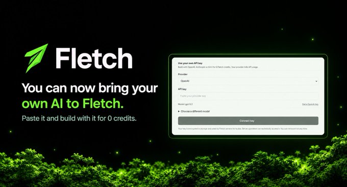 A promotional graphic for Fletch featuring a dark background with green foliage, displaying the text 'You can now bring your own AI to Fletch. Paste it and build with it for 0 credits.' alongside an API key input panel.