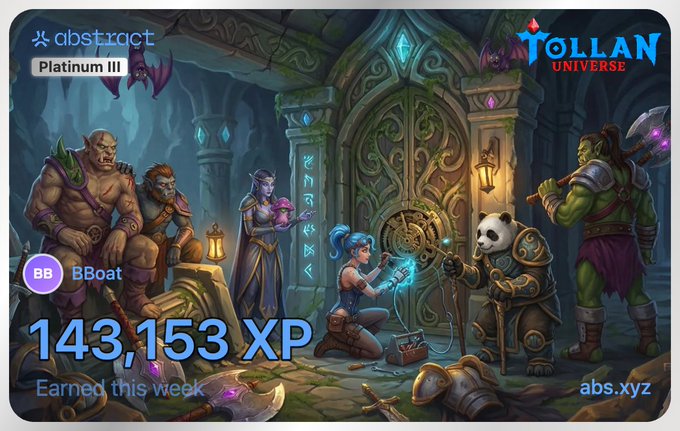 A digital illustration for the 'TOLLAN UNIVERSE' game shows various fantasy characters including orcs, an elf, a human mage, a panda warrior, and an orc with an axe gathered around a glowing doorway, with text displaying 'abstract Platinum III', 'BBoat', and '143,153 XP Earned this week'.