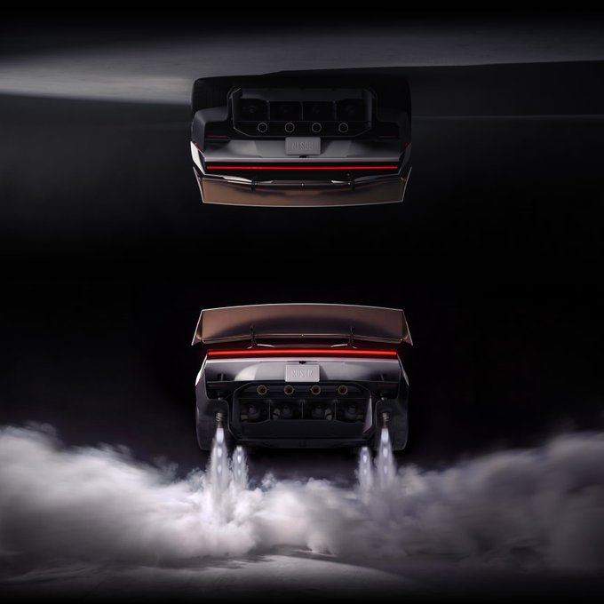 Two Bugatti vehicles are shown facing one another against a dark background, with the lower car firing jet-like thrusters that produce dramatic plumes of smoke. The image playfully visualizes the post's caption by depicting a Bugatti hypercar equipped with rocket boosters, blending automotive and aerospace power.