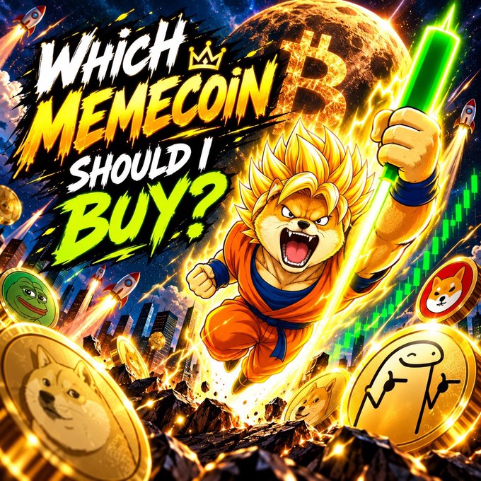 A vibrant thumbnail asking 'WHICH MEMECOIN SHOULD I BUY?' featuring a Super Saiyan-style Shiba Inu dog character holding a glowing green candlestick chart.