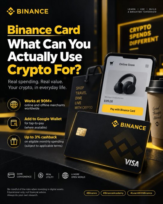 A Binance Card advertisement promoting 'Crypto Spends Different' with a black Visa card, displaying benefits including working at 90M+ merchants worldwide, Google Wallet compatibility, and up to 3% cashback.