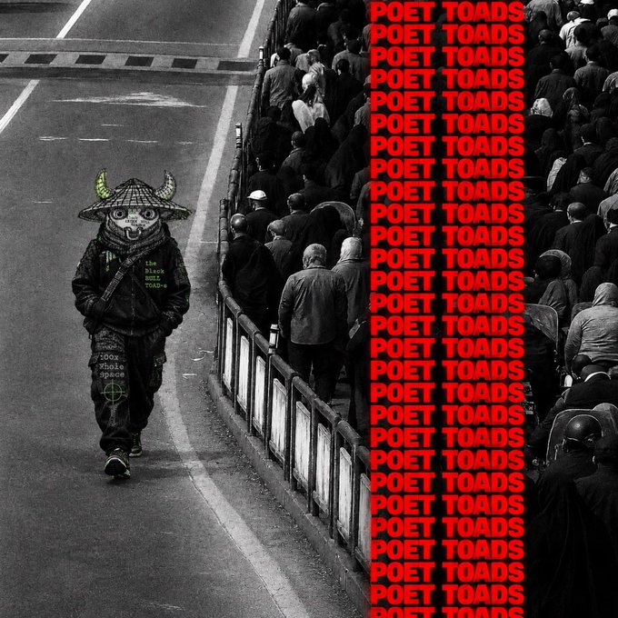 A black-and-white street photograph of a crowd with a horned figure walking the opposite way, accompanied by the repeated red text 'POET TOADS' down the right side.