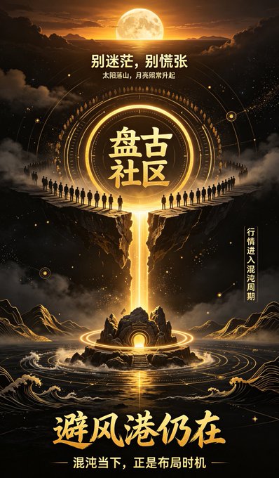 A stylized Chinese promotional poster with a moon, mythical landscapes, and silhouetted figures features the central text '盘古社区' along with phrases like '别迷茫，别慌张', '避风港仍在', and '混沌当下，正是布局时机'.