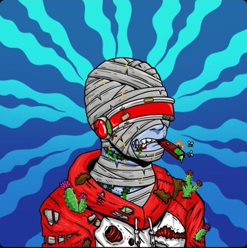 A digital illustration shows a mummy figure with bandages, red headband and headphones, smoking a cigar, with green flies on its red blood-splattered clothing, set against a wavy blue background.