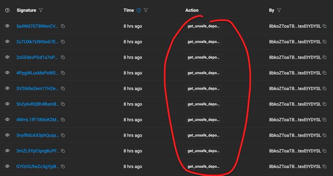 A dark-themed blockchain transaction log showing multiple entries with signatures, timestamps of '8 hrs ago', repeated 'get_unsafe_depo...' actions circled in red, and addresses starting with '8bkoZT' and 'texEIYDSL'.