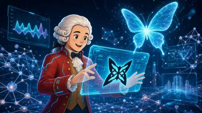A cartoon figure dressed as an 18th-century aristocrat (resembling Mozart) holds a glowing holographic butterfly display amid digital network visualizations and data charts.