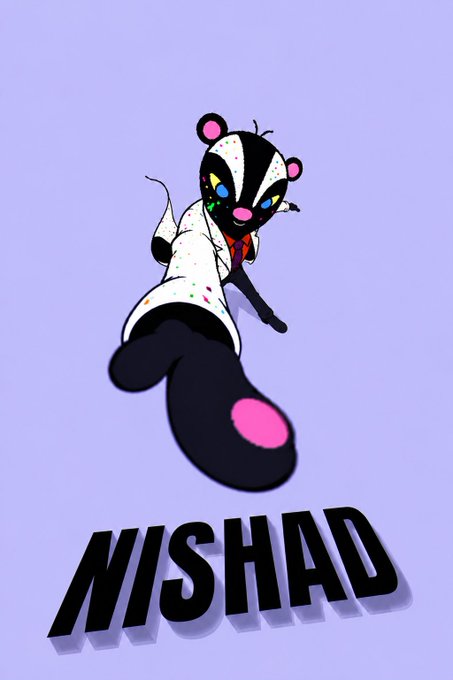 A cartoon skunk character with colorful sprinkles on a lavender background, with the text "NISHAD" displayed below.