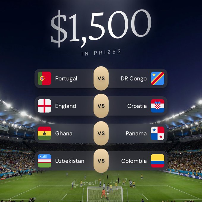 The image shows a soccer field with a crowd of people watching the game, which appears to be taking place during the day. The text in the image reads "Day 5 of #EtherFiWC26 is live - 4 matches today! QUOTE your predictions 1 [Winner] 2 [Winner] 3 [Winner] 4 [Winner] @yourrefcode #EtherFiWC26". This post seems to be promoting a soccer competition, where people can predict the winner and potentially win money. The image also includes a list of teams playing against each other in various competitions throughout the world.