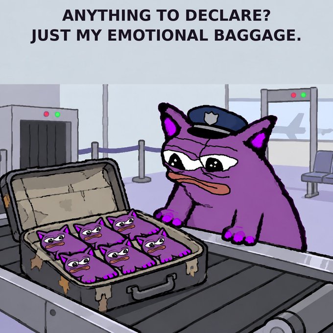 A cartoon meme showing a sad purple frog-like creature wearing a pilot hat at airport security, with a suitcase full of smaller versions of itself, captioned 'ANYTHING TO DECLARE? JUST MY EMOTIONAL BAGGAGE.'