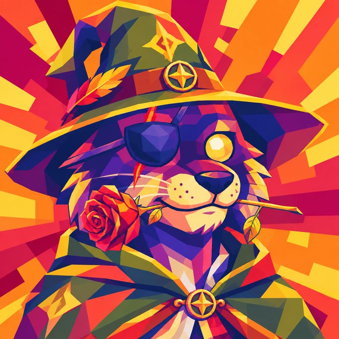 A vibrant geometric/pop-art style illustration of a cat wearing a witch hat with an eye patch, holding a rose in its mouth, set against a bright orange and red sunburst background.