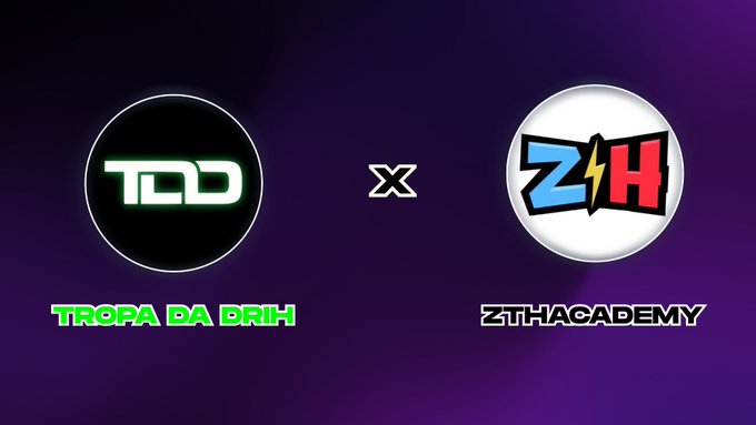 A promotional graphic showing two logos: 'TDD TROPA DA DRIH' and 'ZH ZTHACADEMY' separated by an 'x' on a purple background.