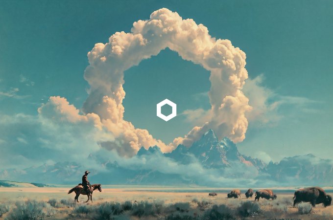 A scenic landscape where a lone horseback rider watches bison roam beneath a sky featuring a large, hexagon-shaped cloud formation.