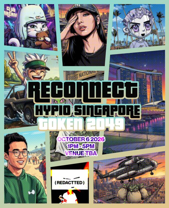 A promotional poster for 'RECONNECT: HYPIX SINGAPORE TOKEN 2049' on October 6, 2026, from 1PM-5PM, featuring a collage of illustrated characters and Singapore landmarks.