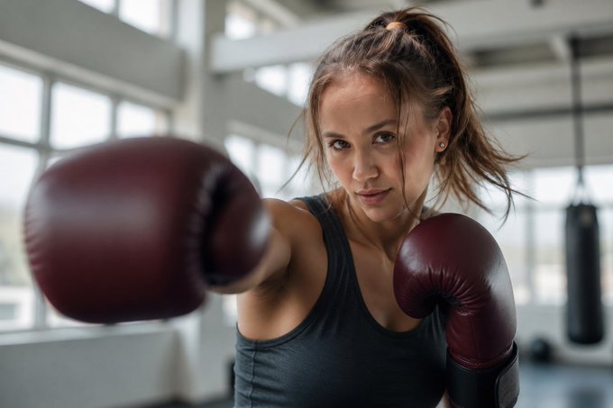 A focused woman in a dark tank top throws a punch forward while wearing burgundy boxing gloves in a bright gym.