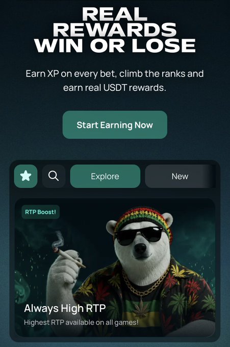 An app advertisement with the text 'REAL REWARDS WIN OR LOSE' and 'Earn XP on every bet, climb the ranks and earn real USDT rewards,' featuring a smoking polar bear in sunglasses and a Rasta hat with 'Always High RTP' and 'RTP Boost!' labels.