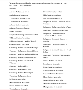 A formal letter concludes by listing 76 state and national banking associations—including the Alabama Bankers Association, Hawaii Bankers Association, Independent Bankers Association of New York, Michigan Bankers Association, and Community Bankers Association of Oklahoma—that have signed in support of legislative action, visually reinforcing the post's message about the broad coalition of banking groups united behind stablecoin provisions in the Clarity Act.