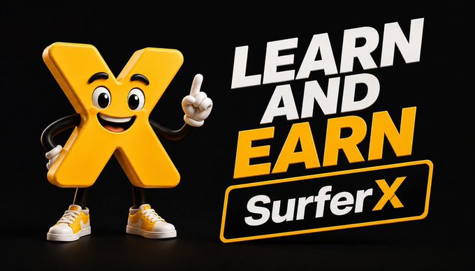 A 3D cartoon character shaped like a yellow letter 'X' wearing sneakers points upward next to the text 'LEARN AND EARN SurferX'.