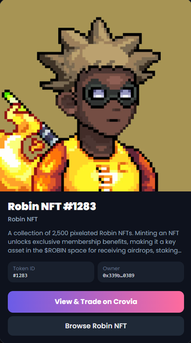 The image shows a screenshot of an eBay item page displaying information about a character named Robin, which appears to be from the Robin NF series. The post also contains a link to another webpage offering Bitcoin trading services for Robins. The main text in the image states "Just snagged this Robin NFT on @CroviaNFT and threw it straight into @ObsidianSwap", suggesting that someone has acquired Robin's NFT from eBay, and is now transferring their Bitcoins to another exchange using Robin as a wallet. The post also mentions that Robin NF holders can earn $OBS just for staking the NFTs on this platform.