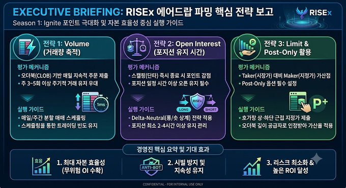 An 'Executive Briefing' infographic in Korean for RISEx regarding core strategy, detailing three strategies (Volume, Open Interest, and Limit & Post-Only) along with execution benefits at the bottom.