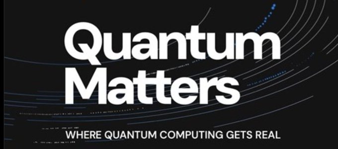 Logo/graphic reading 'Quantum Matters - WHERE QUANTUM COMPUTING GETS REAL' in white text on a dark blue background with circular line patterns.