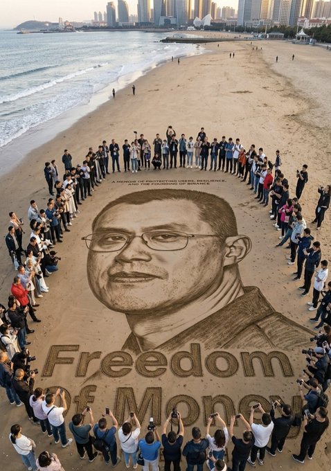 The image features a large group of people gathered around an artist who has created a sand art piece depicting a man's face, which reads "FREEDOM OF MONEY". The crowd appears to be taking photos with their phones or cameras, capturing this unique and artistic moment. The photo is shared on social media platforms, further spreading the message about the importance of freedom in today's society.