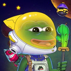 A cartoon illustration of a green, duck-like character wearing a space suit and holding a staff, with a small cat-like creature in a shark suit, set against a starry space background.