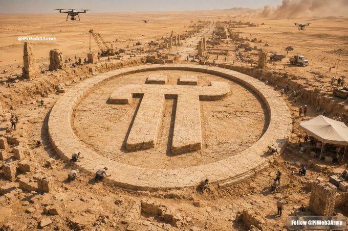 An aerial view of an archaeological site in a desert with a large Pi cryptocurrency logo carved into the ground, with drones flying overhead and the watermark "@PiWeb3Army".