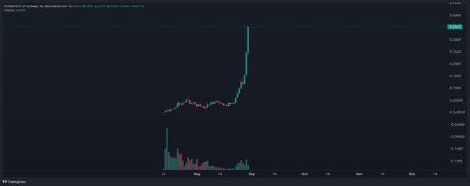 A TradingView candlestick chart of PEPE/USDT on Binance displays a dramatic vertical price surge to approximately $0.00000994 (a 45.77% gain) in early September 2024, with the meme coin rocketing from a flat consolidation range around $0.00000110. The sharp green spike illustrates the "Board Sit" moment for the TradFi trader who missed the explosive rally over the weekend.