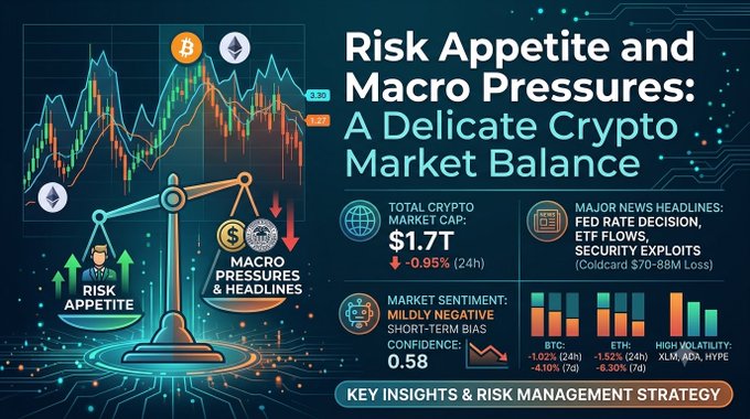 This infographic illustrates the current crypto market balance between risk appetite and macro pressures, displaying the title "Risk Appetite and Macro Pressures: A Delicate Crypto Market Balance."

The accompanying post notes the global crypto market cap dropped 0.95% to $1.70T, with BTC down 1.02% and ETH down 1.52%, reflecting the mildly negative sentiment (0.58 confidence), short-term bearish bias, and key headlines about the Fed rate decision, ETF flows, and the Coldcard $70-88M security exploit shown in the dashboard.