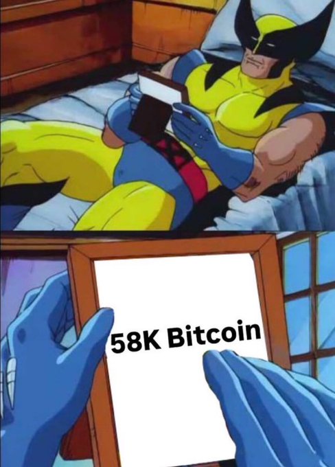 A two-panel comic shows Wolverine reading a book in bed, then revealing the page text "58K Bitcoin."
