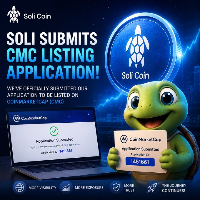 A promotional graphic featuring a cheerful turtle mascot holding a "CoinMarketCap Application Submitted" card (ID: 1451661), alongside a laptop displaying the same confirmation screen, with the headline "SOLI SUBMITS CMC LISTING APPLICATION!" and the Soli Coin logo against a blue, starry backdrop highlighting the milestone of $SOLI's CMC listing application.