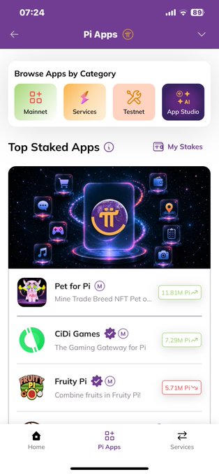 A mobile app screen for Pi Apps shows categories like Mainnet, Services, and Testnet, along with top staked apps including Pet for Pi, CiDi Games, and Fruity Pi.