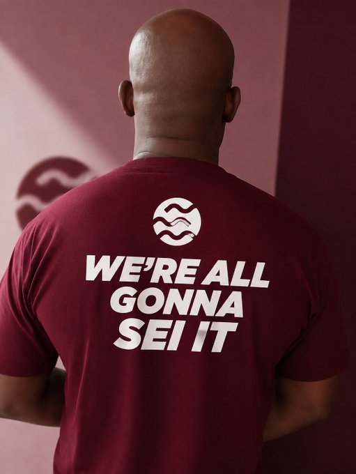 A bald man photographed from behind wearing a maroon t-shirt with a wave logo and the text 'WE'RE ALL GONNA SEI IT'.